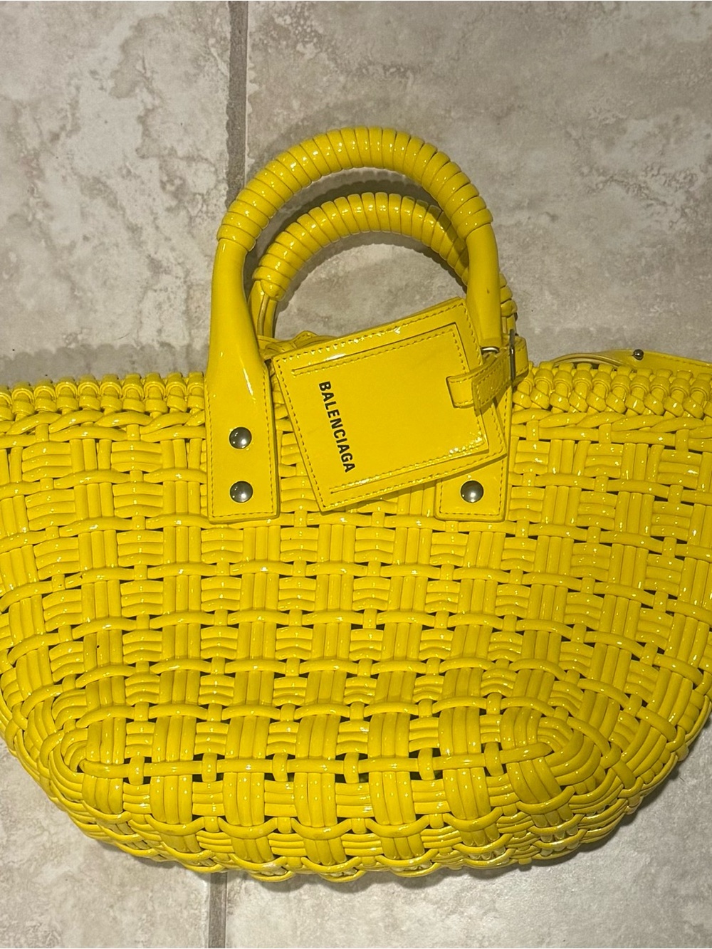 Balenciaga Bright Yellow Woven Tote with Branded Tag